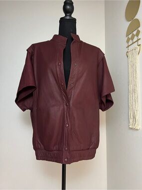 Vintage Leather Short Sleeve Bomber Blouson Jacket, Burgundy, Size Small-Medium